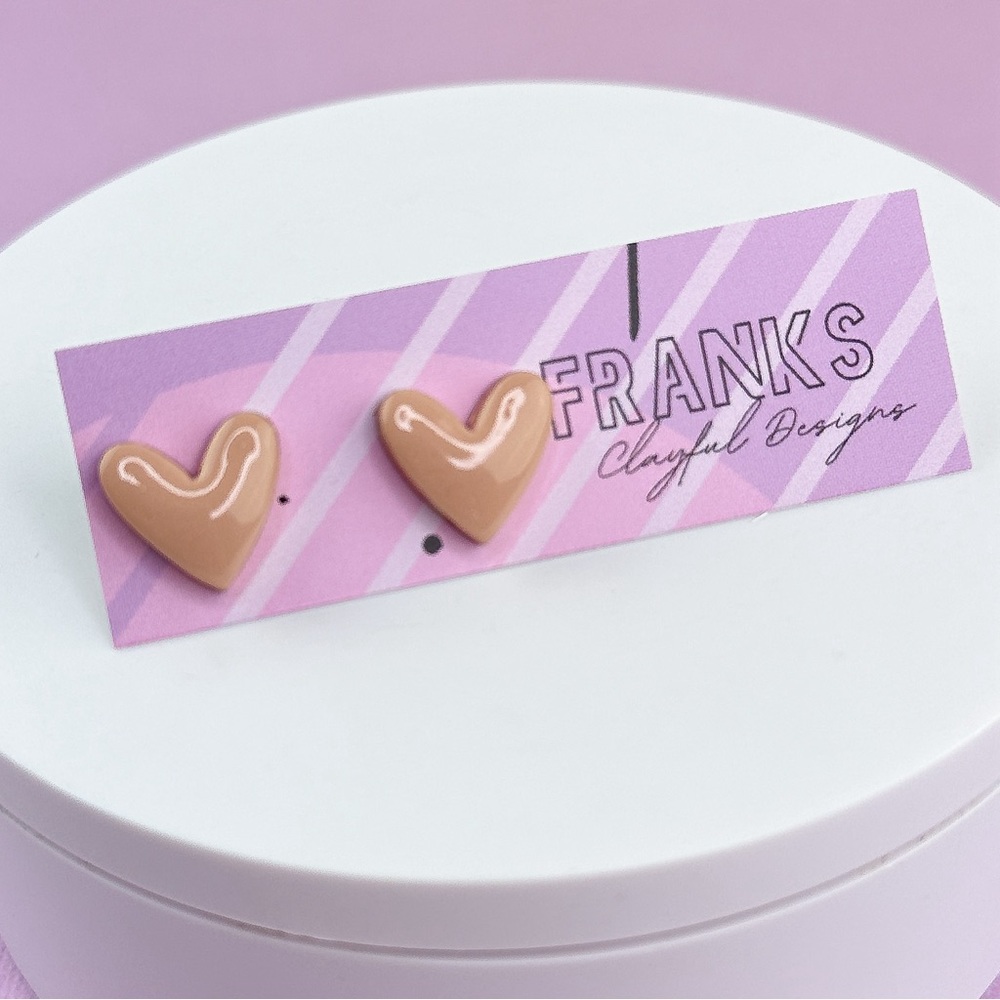 Tan Glossy Heart with Gold Detail Handmade Polymer Clay Small Stud Earri…